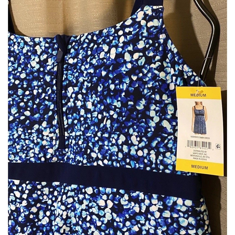 Lands End Womens Blue Mosaic Print Swim Dress UPF 50 Zip Front Medium 10-12 NEW